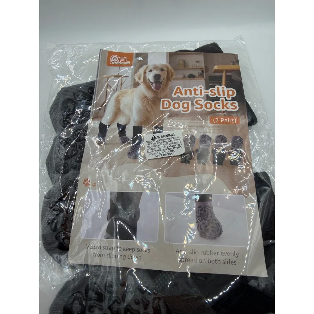 Pick For Life Anti-Slip Dog Socks 2 Pairs Leopard Print Traction Control Black